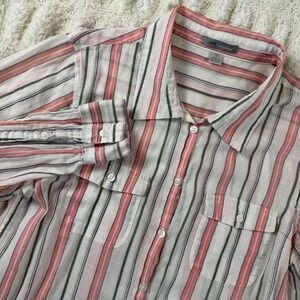 Horny Toad Womens Medium Organic Cotton Striped Button Down Shirt Pink White